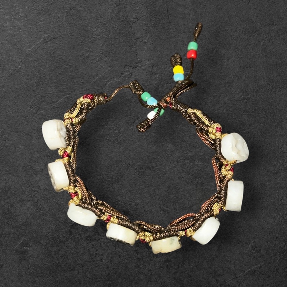 Vintage Carved Jade Jadeite Asian Chinese Woven Bead Bracelet